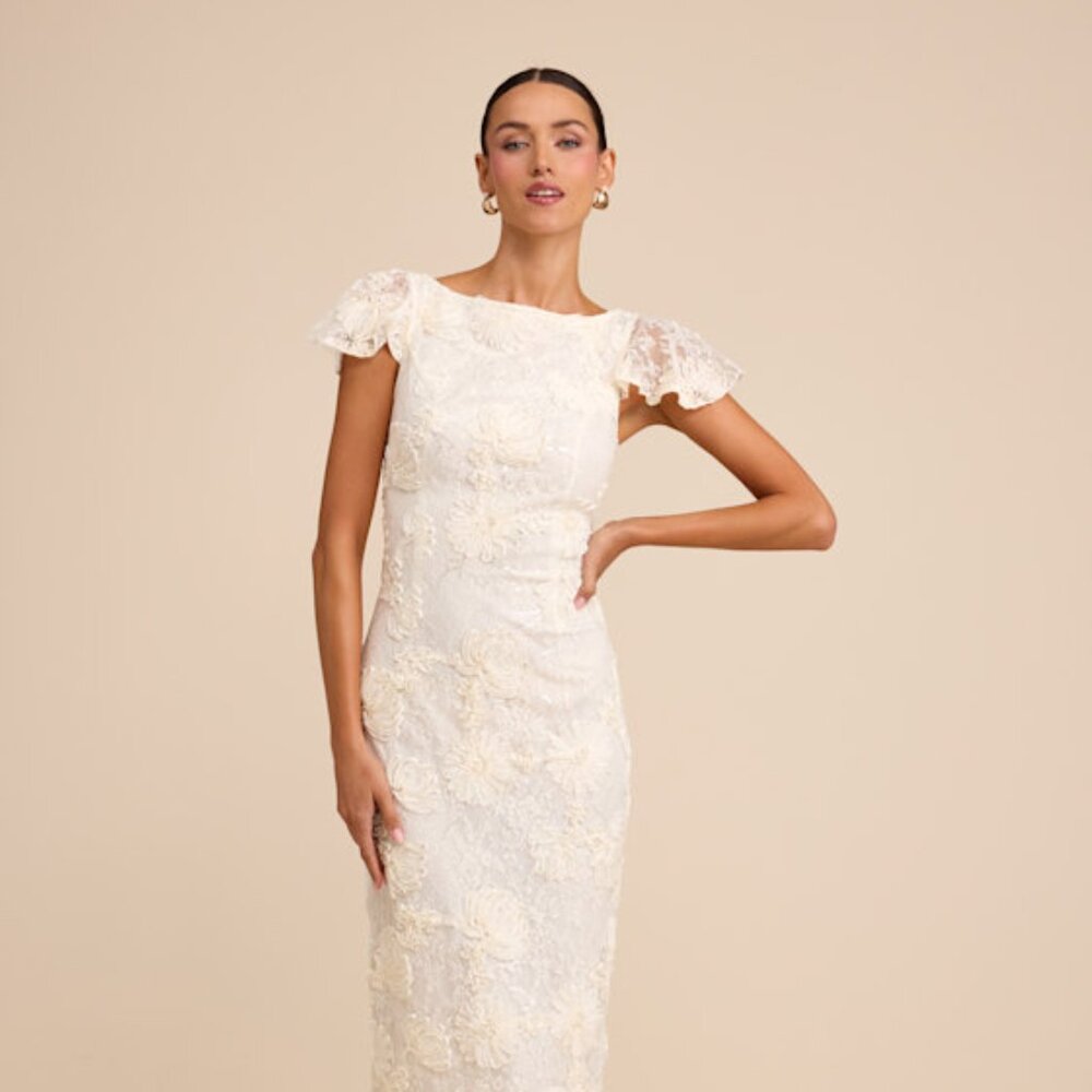 Lulus Kenna Ivory Lace Flutter Sleeve Midi Dress White - Size M - NEVER WORN